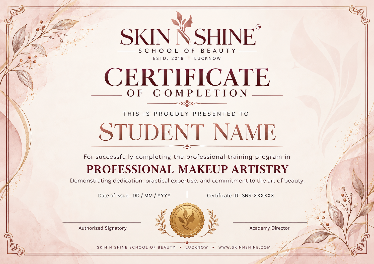Skin N Shine Certificate of Completion